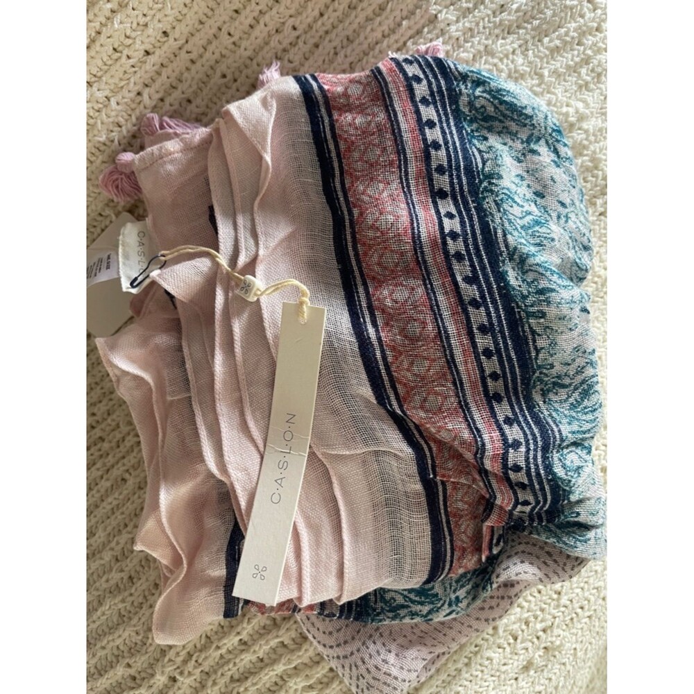 Caslon Pink, Teal & Navy Patterned Tassel Scarf